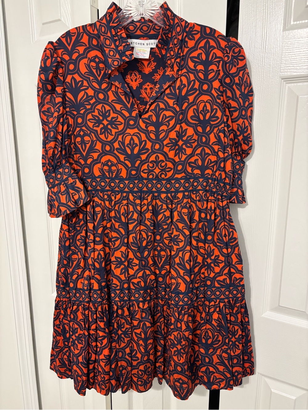 Gretchen Scott Designs Orange & Navy Floral-Tile Mini Dress